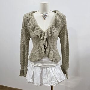 Non & Billy asian brand flowy brown beige ruffle eyelet cardigan